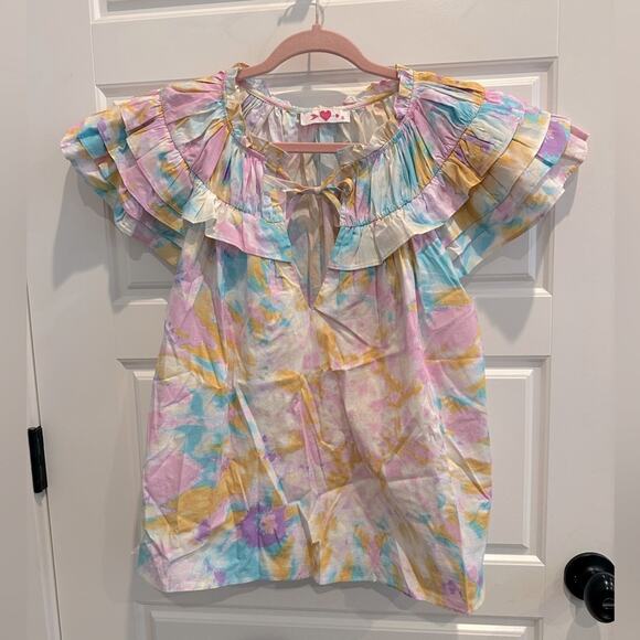 BUDDY LOVE Pastel Tie-Dye Ruffle Sleeve Blouse Top - Picture 4 of 6